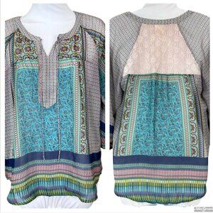 Fig & Flower 3/4 Sleeve Split Neck Boho Peasant Semi Sheer Blouse Small